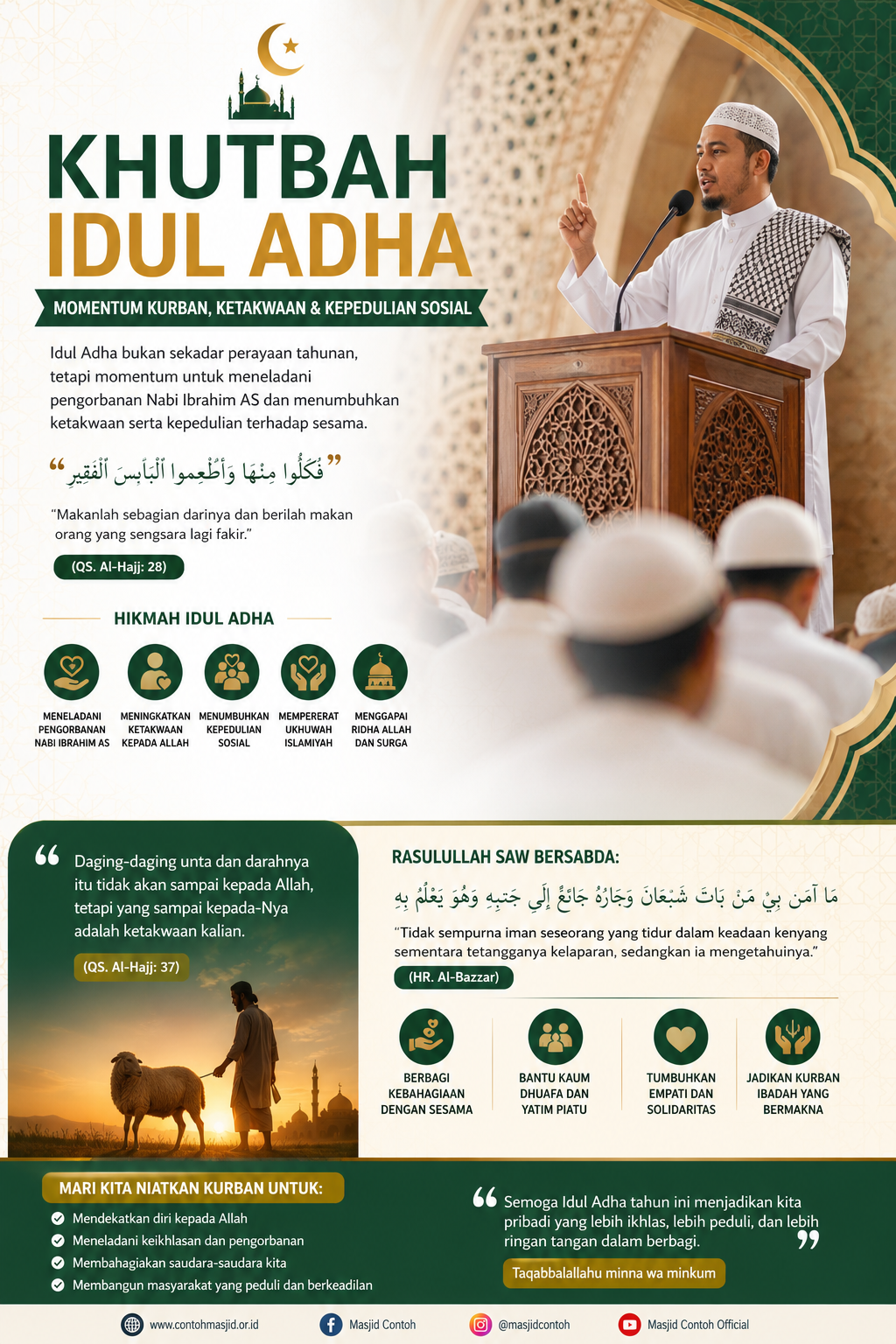Ilustrasi khutbah Idul Adha 2026 tentang makna kurban, ketakwaan, dan kepedulian sosial umat Islam.