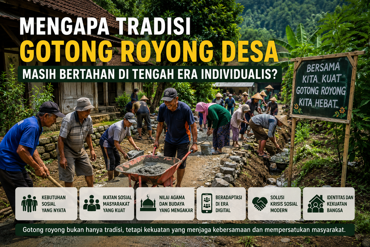 Warga desa melakukan gotong royong bersama membersihkan lingkungan dan memperkuat kebersamaan masyarakat