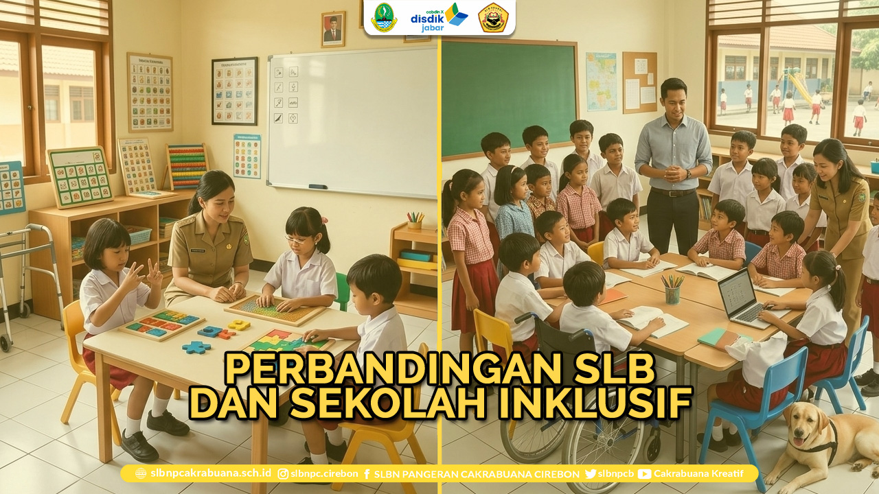“Perbandingan suasana sekolah inklusi dan SLB dengan anak berkebutuhan khusus sedang belajar bersama guru di kelas.”