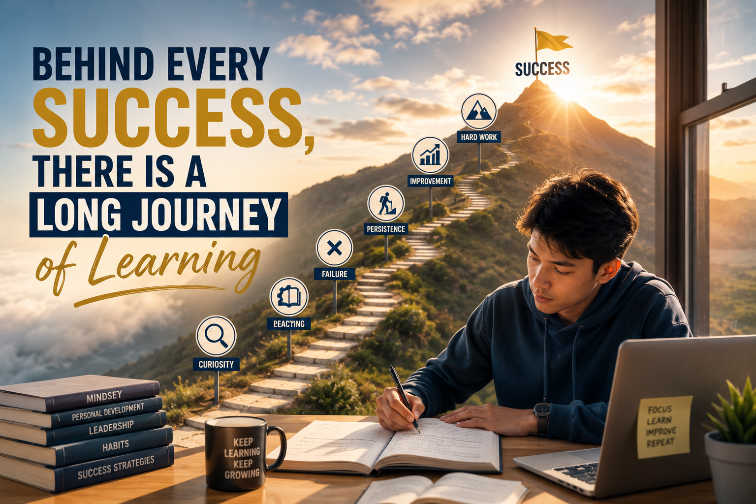 A young professional reading and studying at sunrise, symbolizing the long journey of learning behind every success.