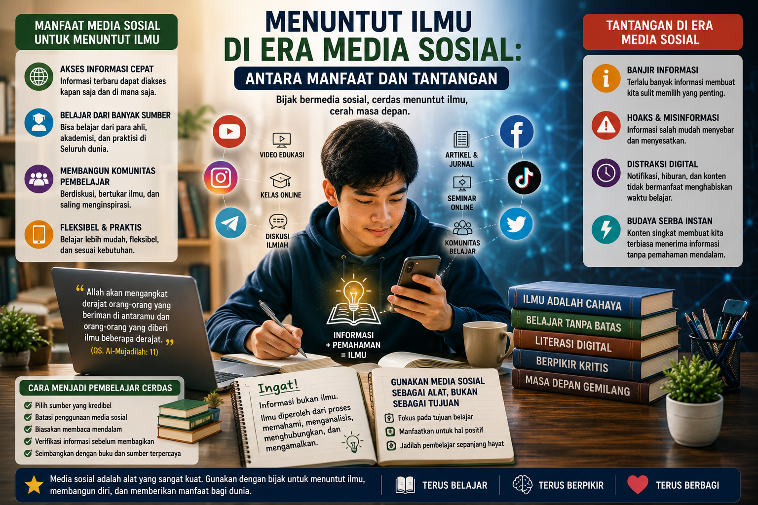 manfaat serta tantangan menuntut ilmu di era media sosial.