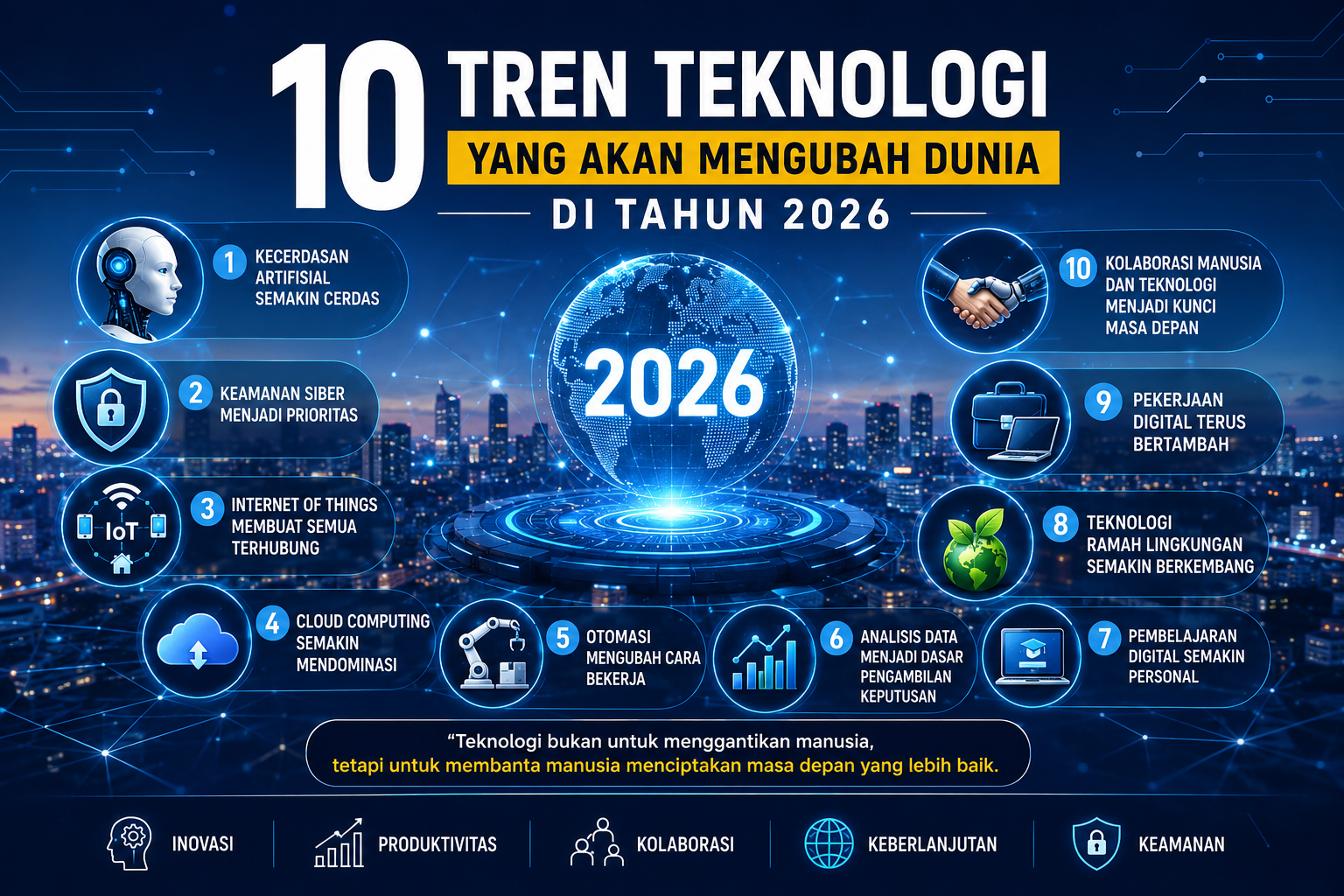 Ilustrasi tren teknologi 2026 dengan AI, cloud computing, Internet of Things, dan keamanan siber.