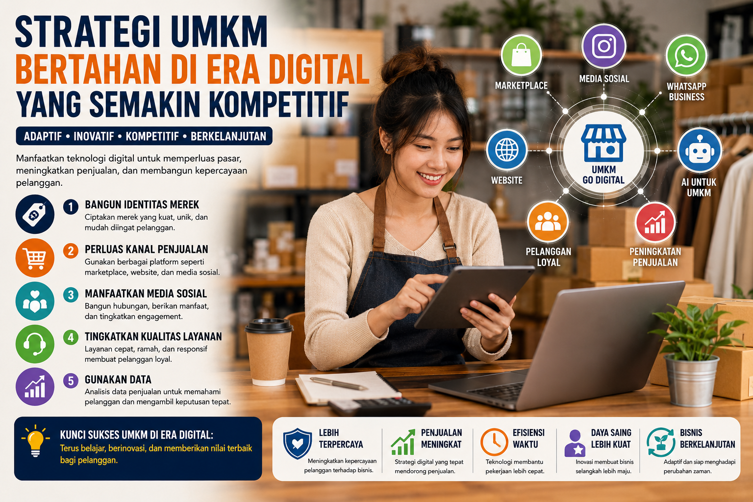 Strategi UMKM digital melalui pemasaran online, website bisnis, media sosial, dan pemanfaatan kecerdasan artifisial untuk meningkatkan daya saing usaha.