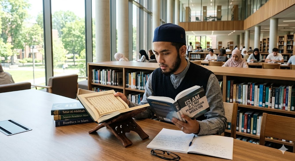 membaca Al-Qur'an dan buku di perpustakaan