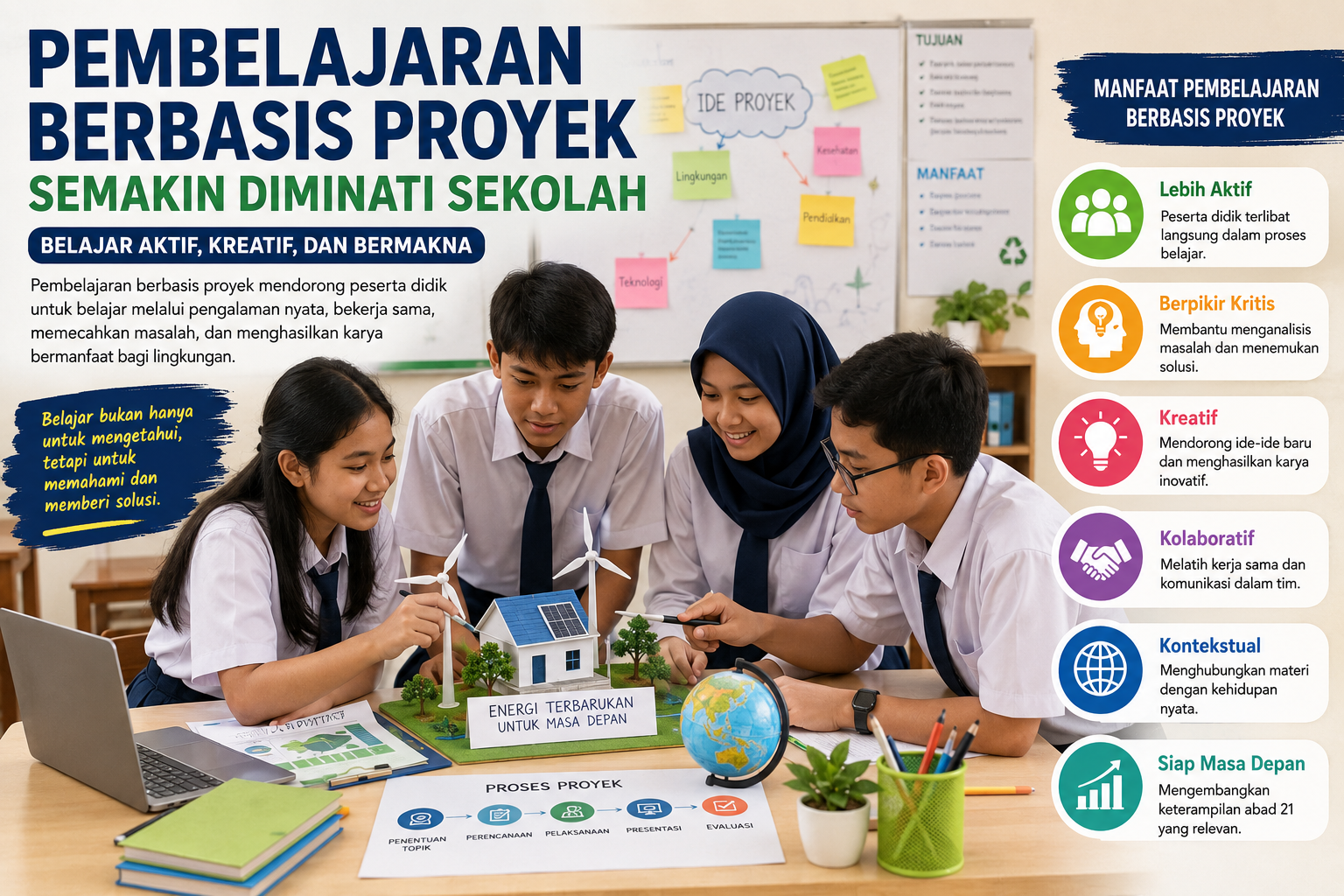 Pembelajaran berbasis proyek mendorong peserta didik untuk aktif belajar melalui pengalaman nyata, kolaborasi, dan penyelesaian masalah secara kreatif.