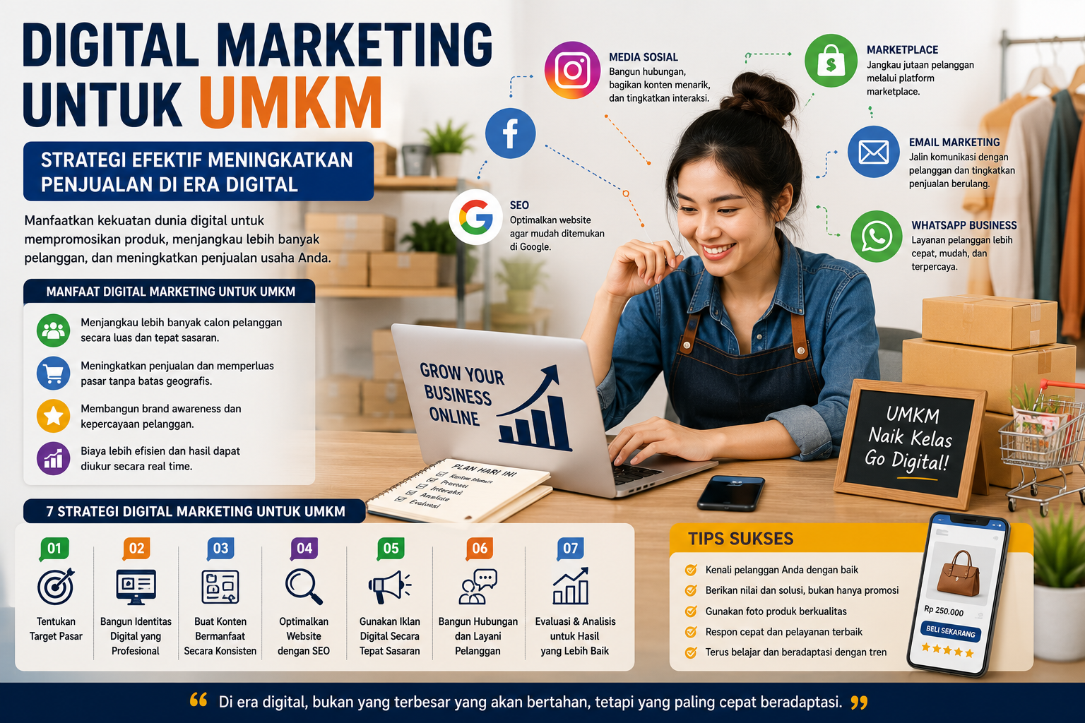 Ilustrasi pelaku UMKM mengelola pemasaran digital melalui laptop, media sosial, website, dan marketplace untuk meningkatkan penjualan.