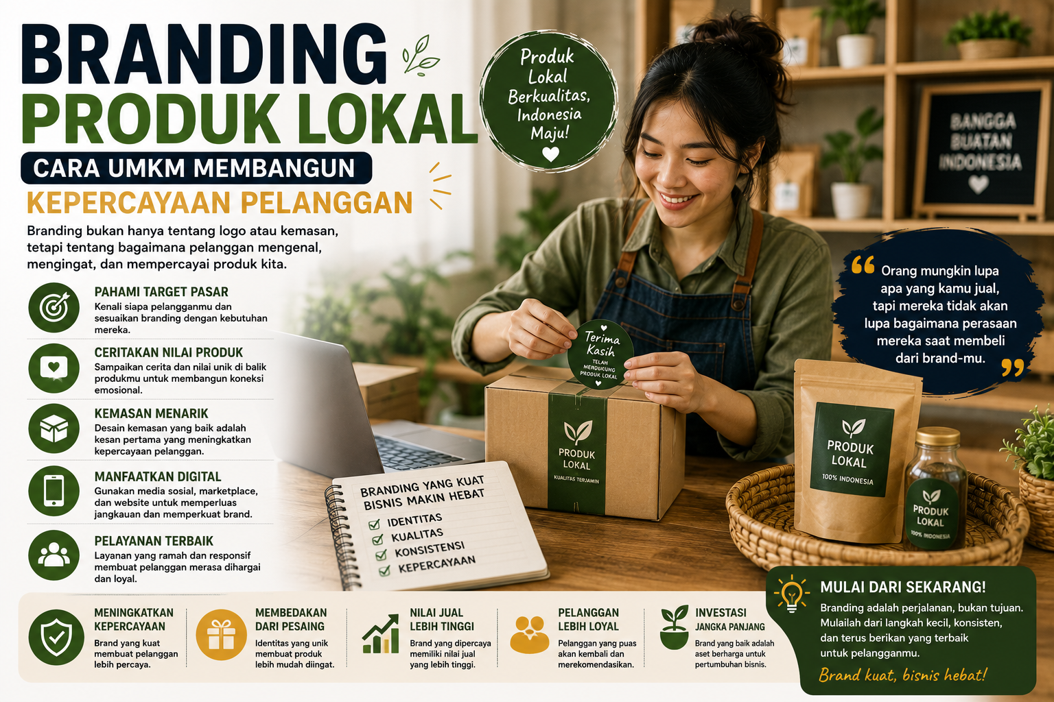 Pelaku UMKM sedang menata produk lokal dengan kemasan modern sebagai bagian dari strategi branding untuk membangun kepercayaan pelanggan.