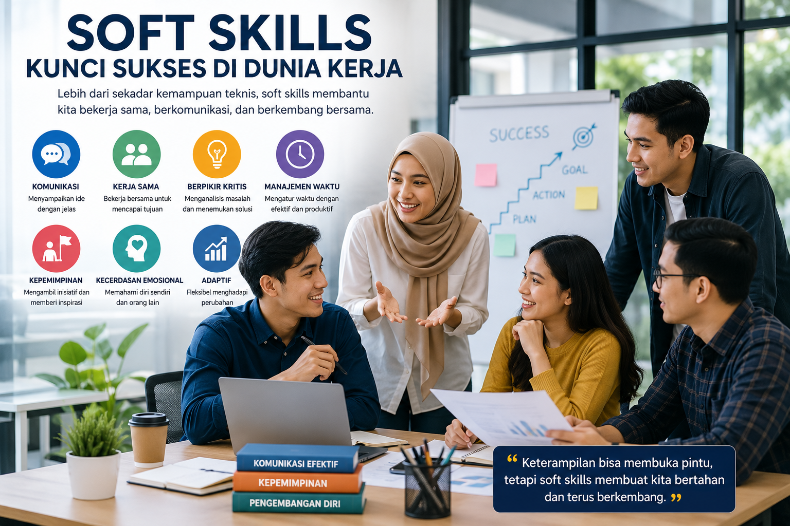 Ilustrasi lulusan muda berdiskusi dalam tim, mempresentasikan ide, dan bekerja sama sebagai simbol pentingnya soft skills di dunia kerja modern.