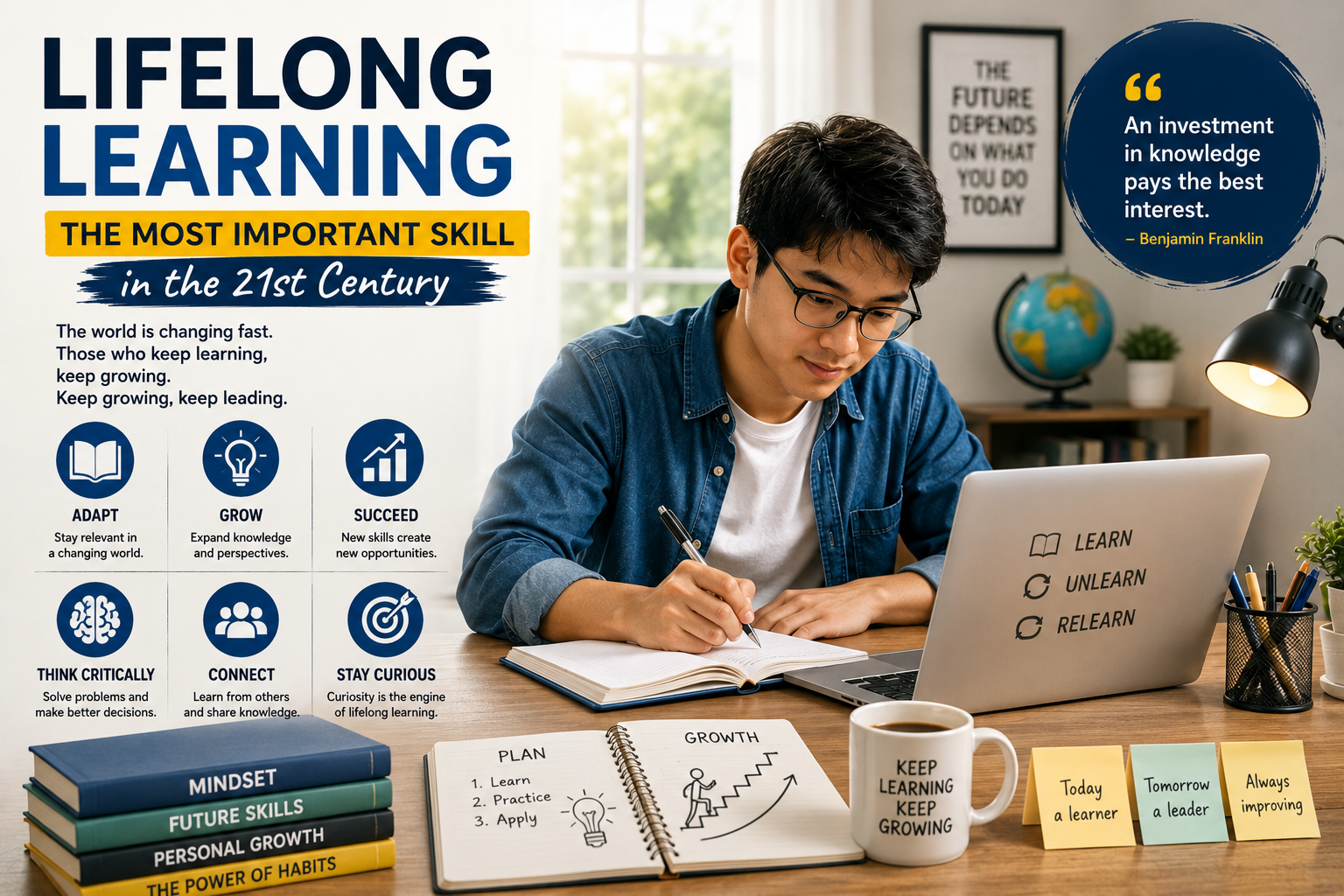 A young professional studying with a laptop and books, representing lifelong learning as the most important skill in the 21st century.