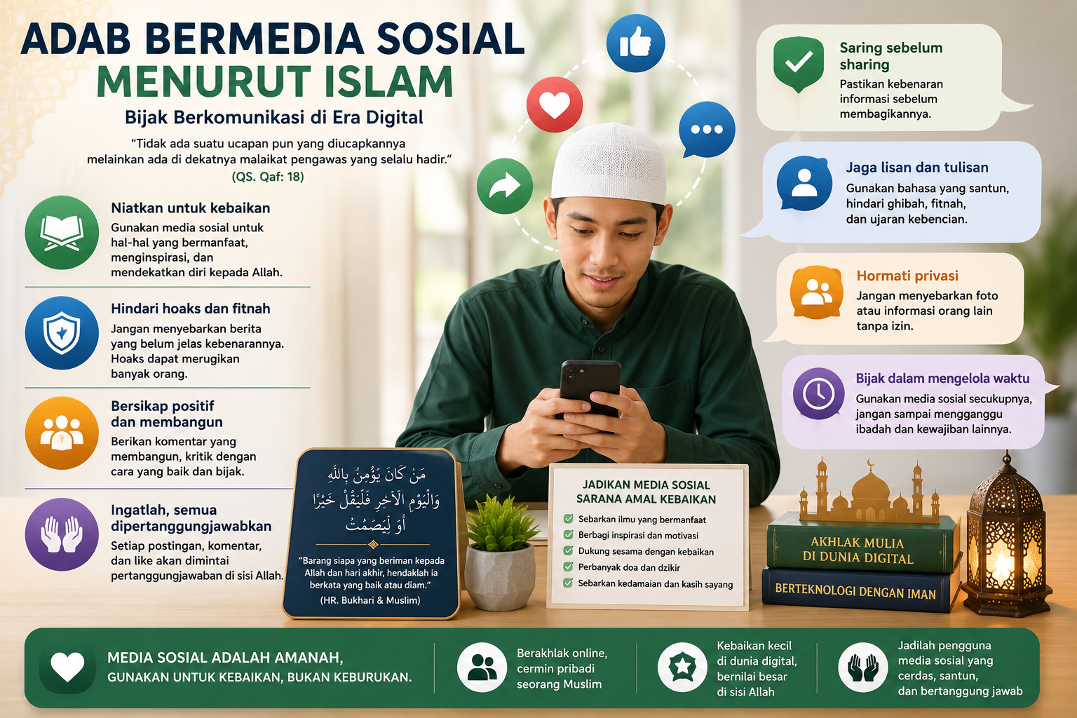 Ilustrasi seorang Muslim menggunakan media sosial secara bijak dengan menyebarkan konten positif dan memverifikasi informasi sebelum membagikannya.