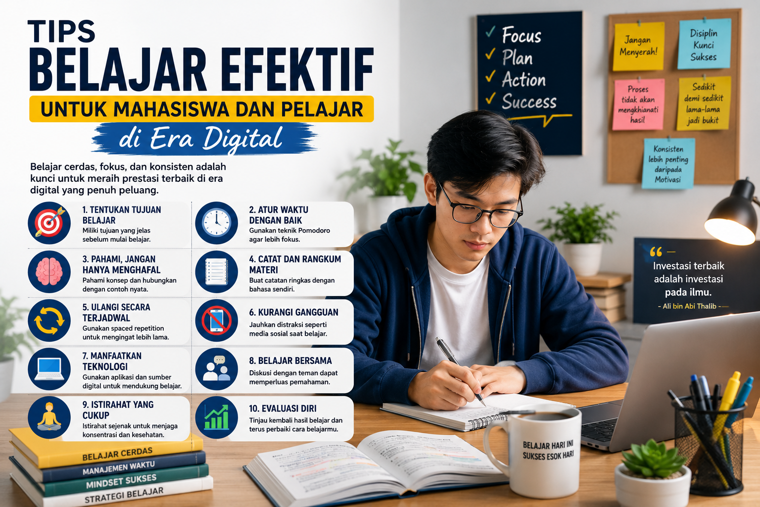 Mahasiswa dan pelajar sedang belajar menggunakan laptop dan buku sebagai ilustrasi tips belajar efektif di era digital.