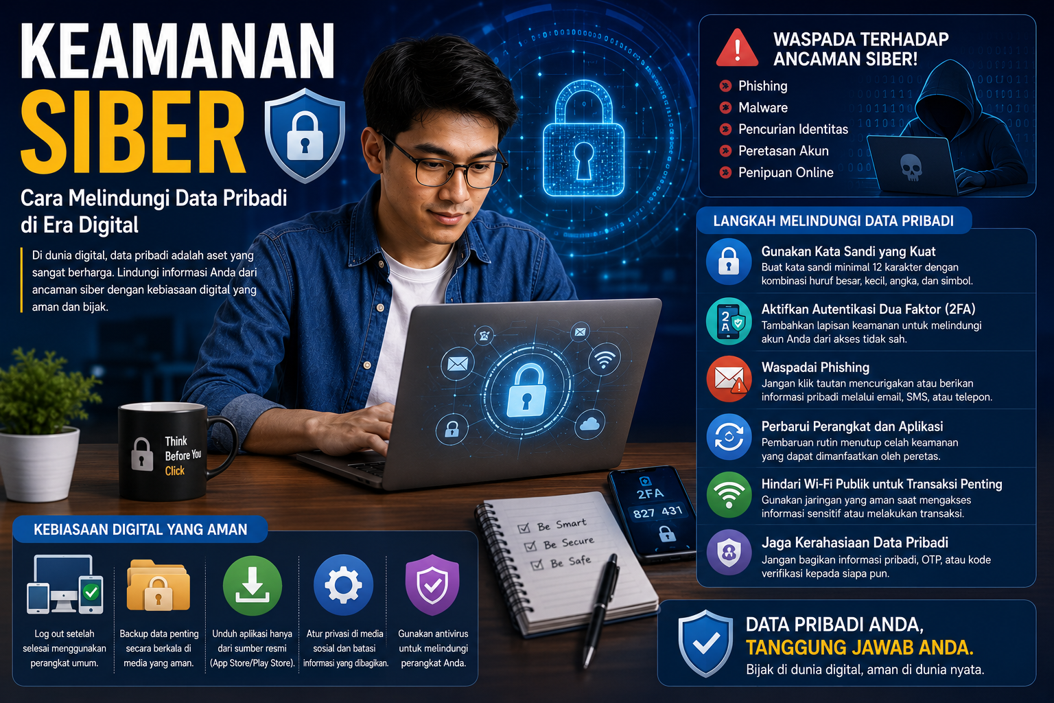 Ilustrasi pengguna mengamankan data pribadi dengan perlindungan keamanan siber, autentikasi dua faktor, dan teknologi enkripsi.
