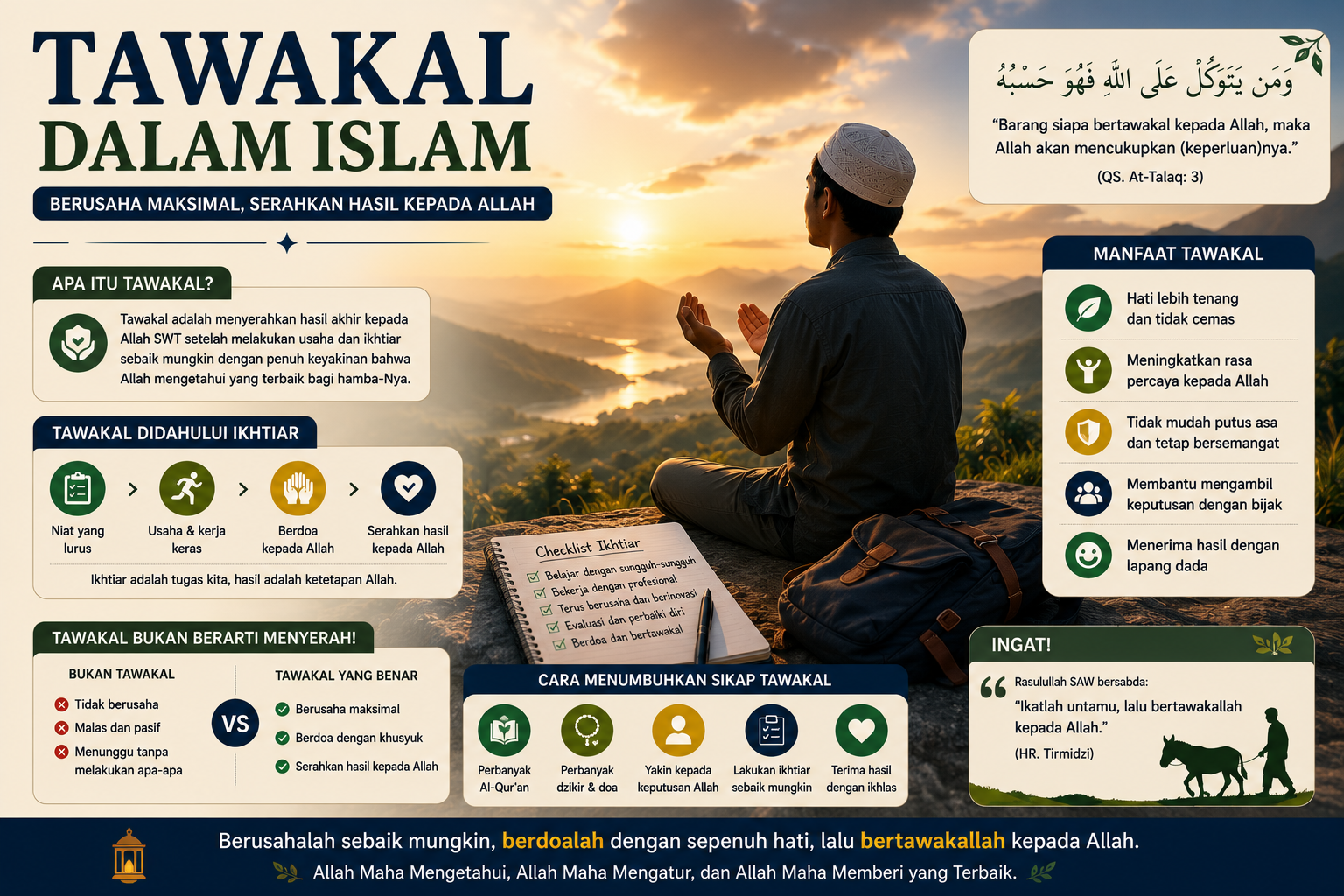 Ilustrasi seorang Muslim memandang cakrawala setelah berdoa sebagai simbol tawakal dalam Islam, yaitu berusaha maksimal lalu menyerahkan hasil kepada Allah SWT.