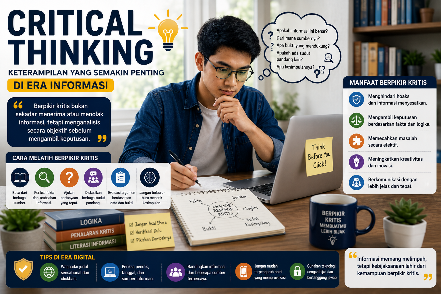 Ilustrasi mahasiswa menganalisis informasi menggunakan laptop dan buku sebagai simbol kemampuan berpikir kritis di era digital.