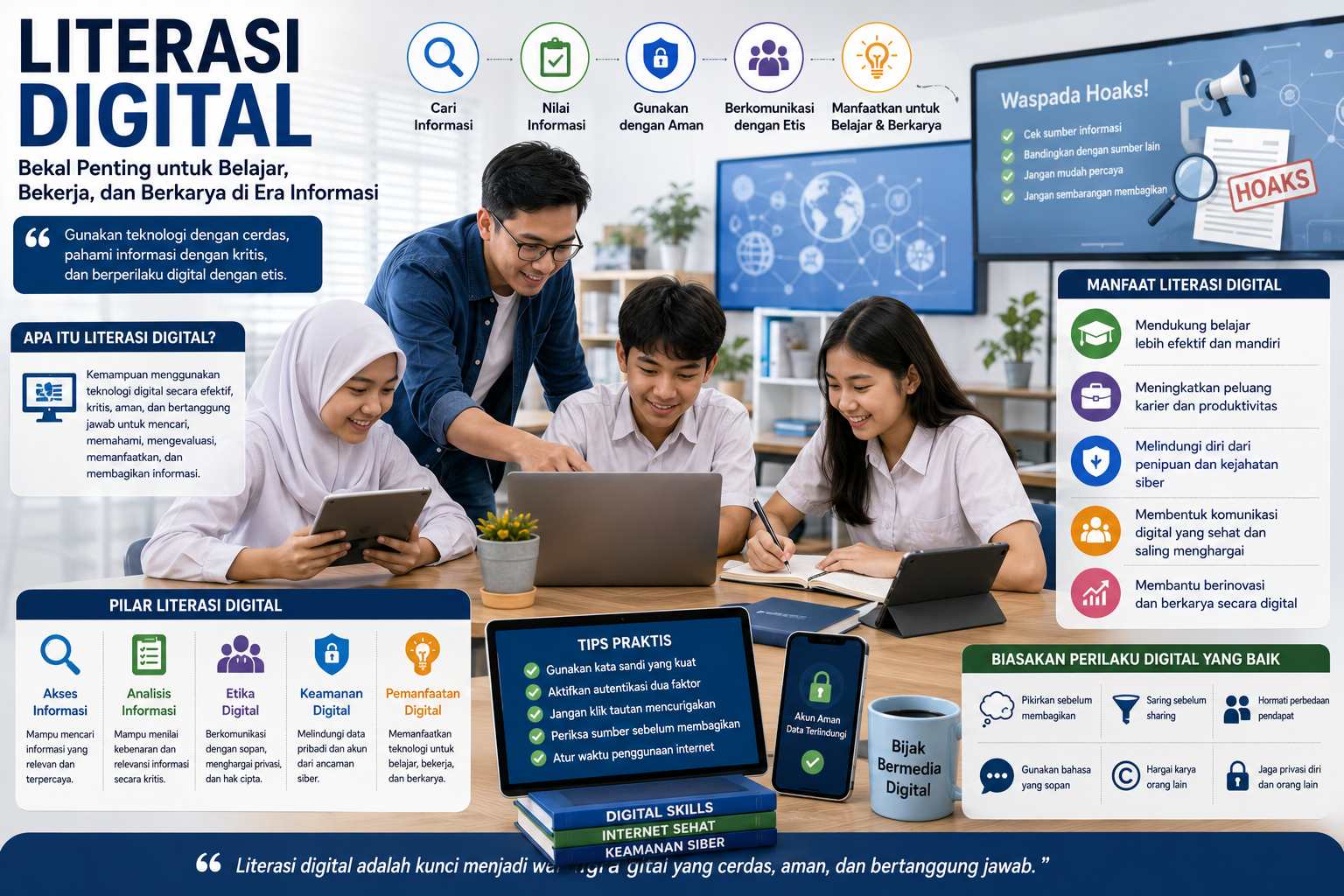Ilustrasi guru dan peserta didik menggunakan laptop dan tablet untuk belajar, memverifikasi informasi, serta menerapkan literasi digital secara aman dan bertanggung jawab.
