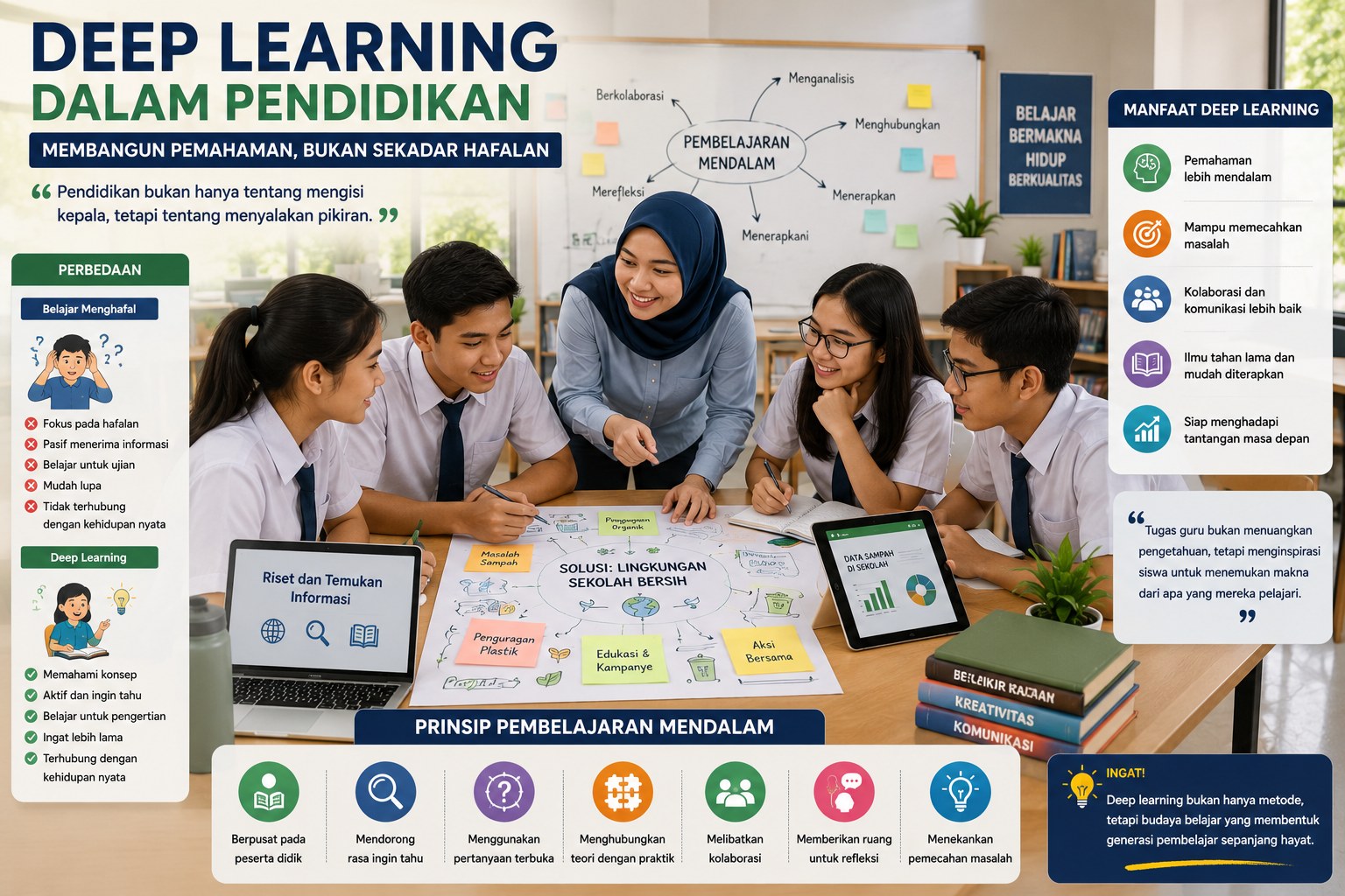 Ilustrasi guru membimbing peserta didik berdiskusi, melakukan proyek kolaboratif, dan memecahkan masalah sebagai penerapan pembelajaran mendalam di kelas.