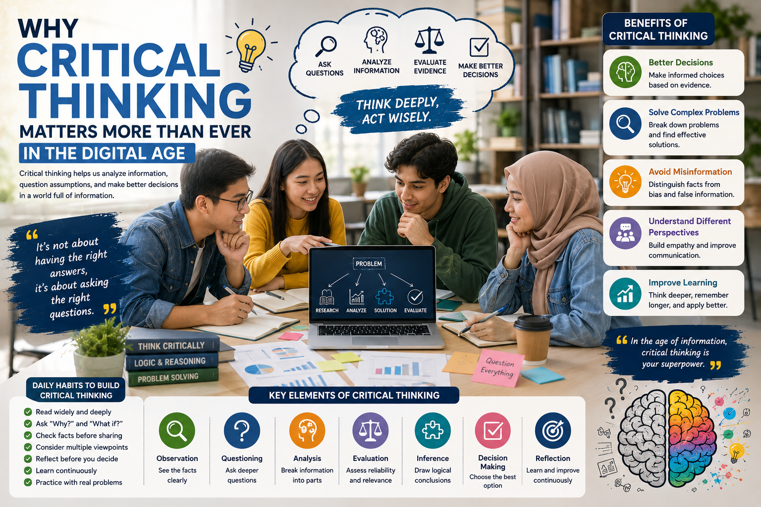 A diverse group of students collaboratively solving complex problems using digital tools, charts, and brainstorming techniques, representing critical thinking in modern education.