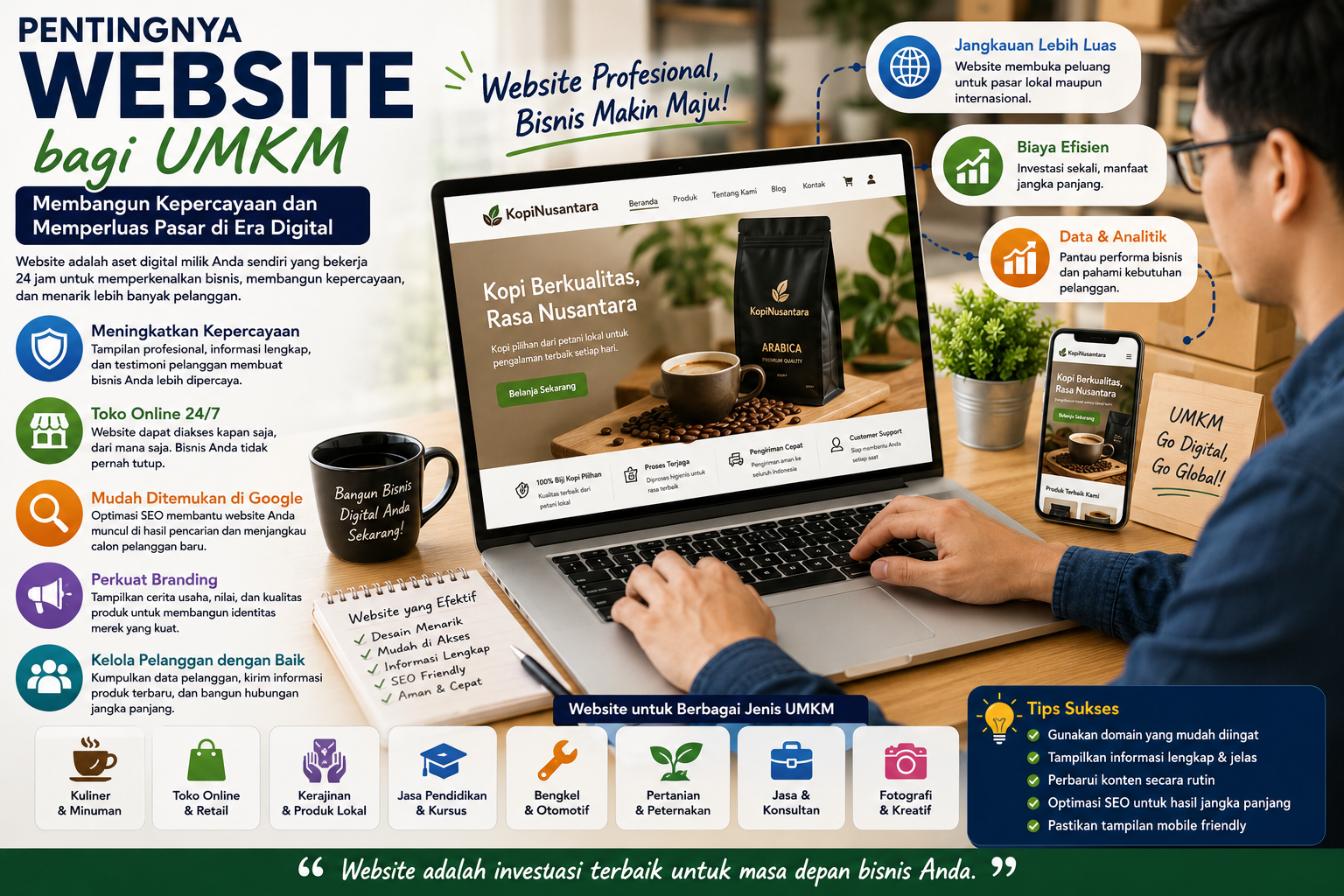 Ilustrasi pelaku UMKM mengelola website bisnis melalui laptop dengan tampilan katalog produk, grafik pertumbuhan, dan ikon digital marketing.