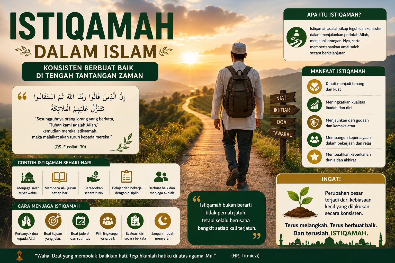 Ilustrasi seorang Muslim berjalan di jalan yang lurus menuju cahaya matahari sambil membawa Al-Qur'an sebagai simbol istiqamah dalam menjalankan ajaran Islam.