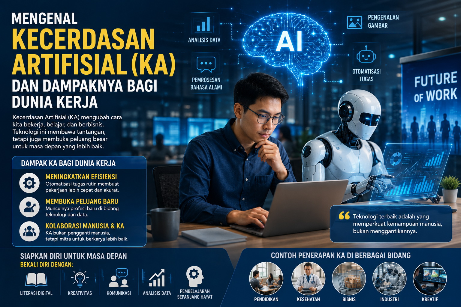 Ilustrasi kecerdasan artifisial (KA) membantu manusia bekerja melalui teknologi digital, otomatisasi, dan analisis data.