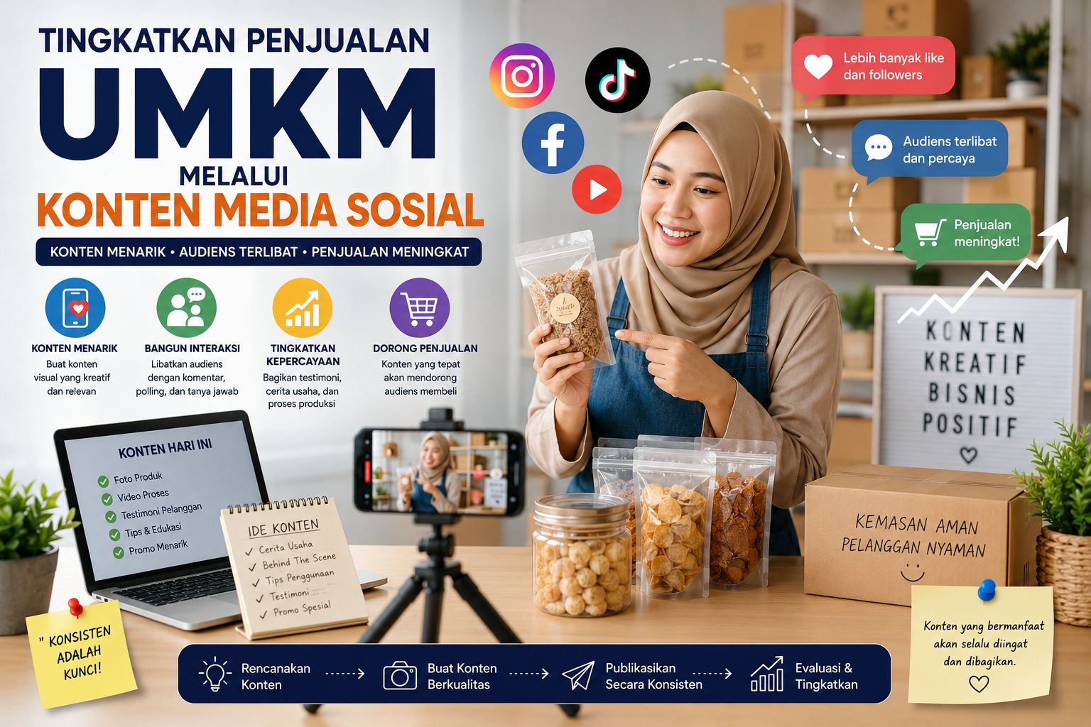 Ilustrasi pelaku UMKM membuat konten media sosial menggunakan smartphone dan laptop untuk mempromosikan produk secara digital.