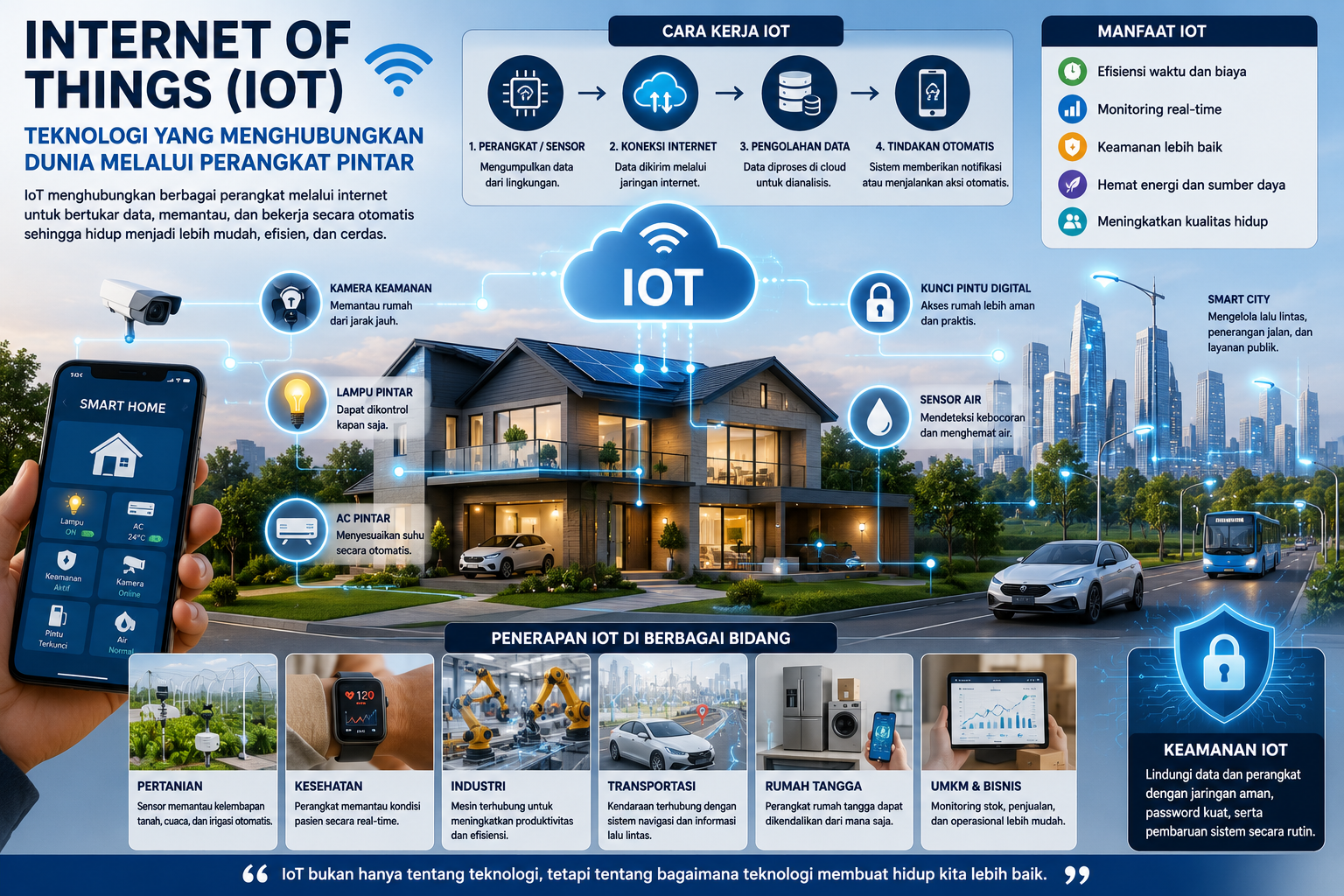 Ilustrasi Internet of Things yang menampilkan berbagai perangkat pintar seperti rumah, mobil, sensor, dan ponsel saling terhubung melalui jaringan internet.