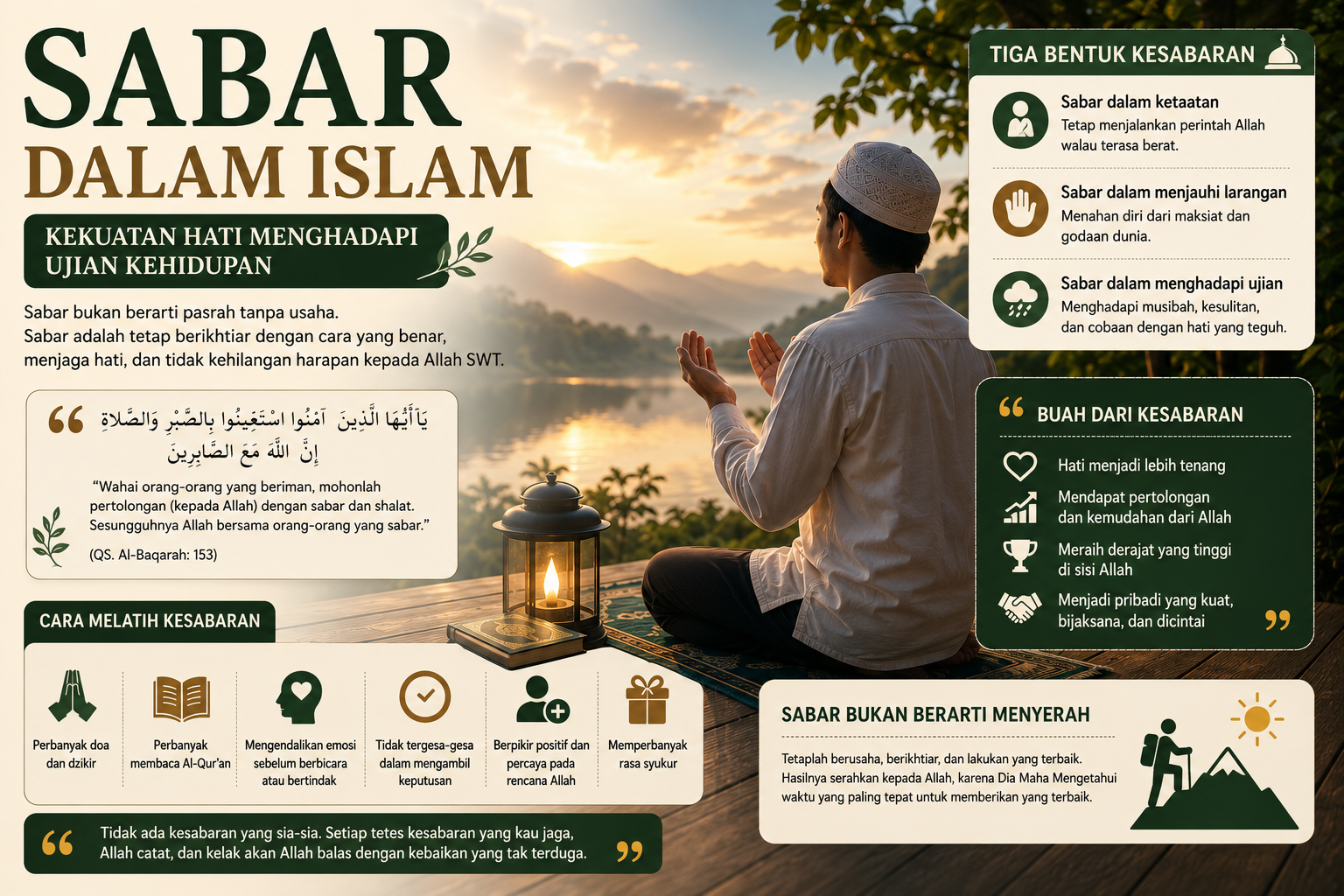 Ilustrasi seorang Muslim duduk tenang sambil berdoa di tengah suasana alam yang damai sebagai simbol kesabaran dalam Islam.
