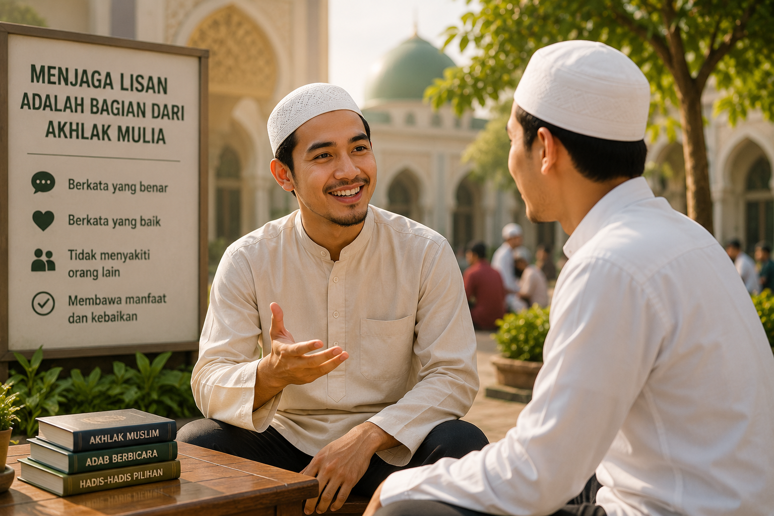Ilustrasi seorang Muslim berbicara dengan santun kepada orang lain sebagai simbol menjaga lisan dalam Islam dan membangun hubungan yang harmonis.