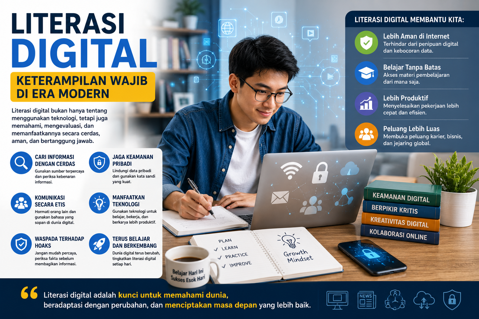 lustrasi pelajar menggunakan laptop dan teknologi digital sebagai simbol pentingnya literasi digital di era modern.