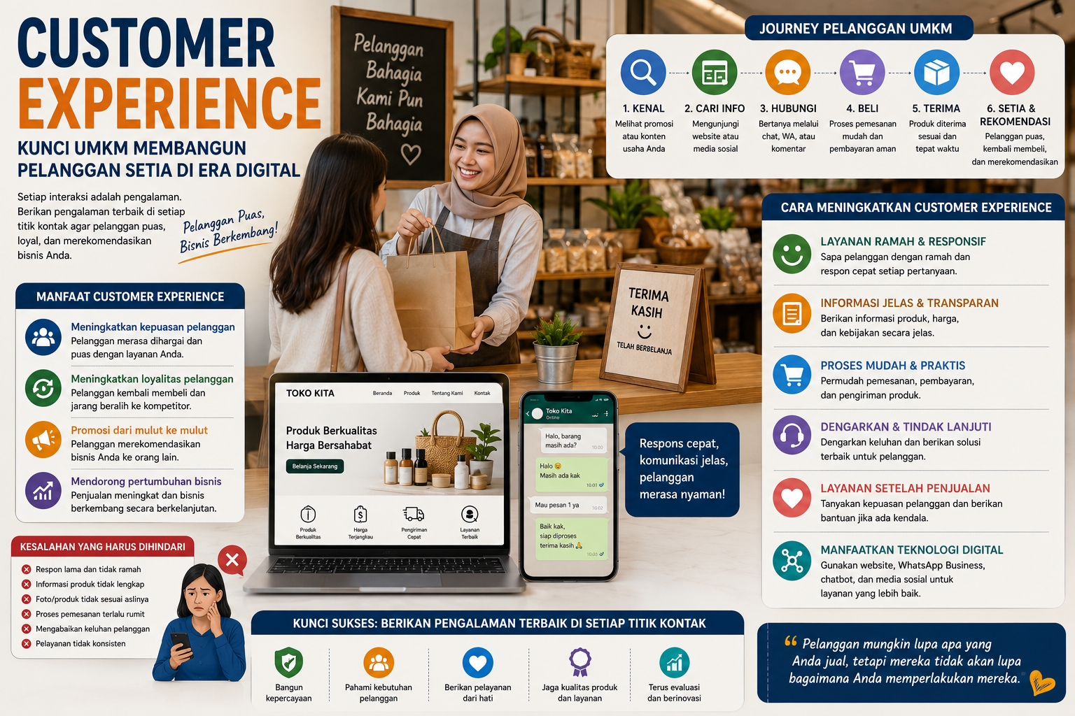 Ilustrasi pelaku UMKM melayani pelanggan dengan ramah di toko dan melalui layanan digital menggunakan laptop serta smartphone sebagai simbol customer experience yang positif.