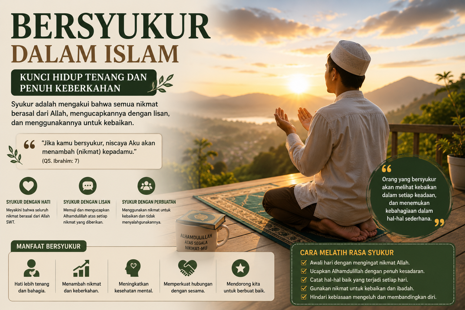 Ilustrasi seorang Muslim memandang matahari terbit dengan penuh rasa syukur sebagai simbol bersyukur dalam Islam.