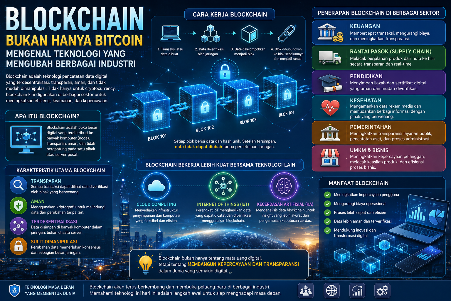 Ilustrasi blockchain yang menampilkan rangkaian blok data saling terhubung dengan ikon keuangan, pendidikan, kesehatan, logistik, dan jaringan digital.