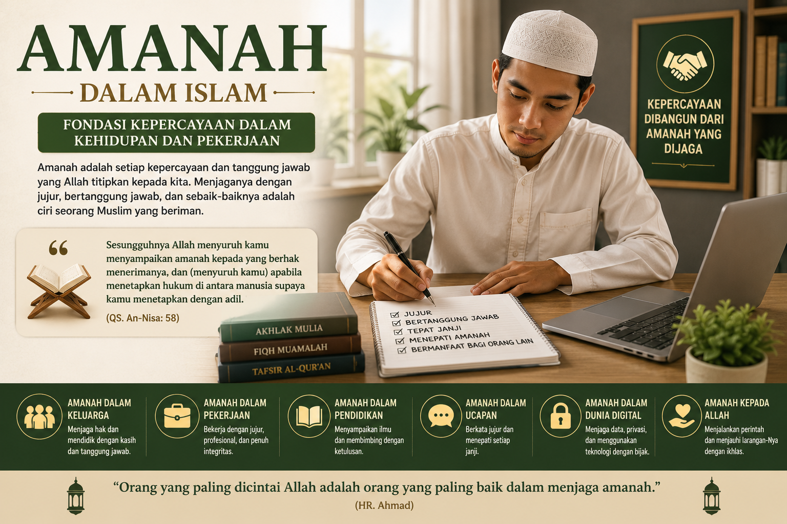 Ilustrasi seorang Muslim menepati janji dan menjalankan tanggung jawab sebagai simbol amanah dalam Islam.