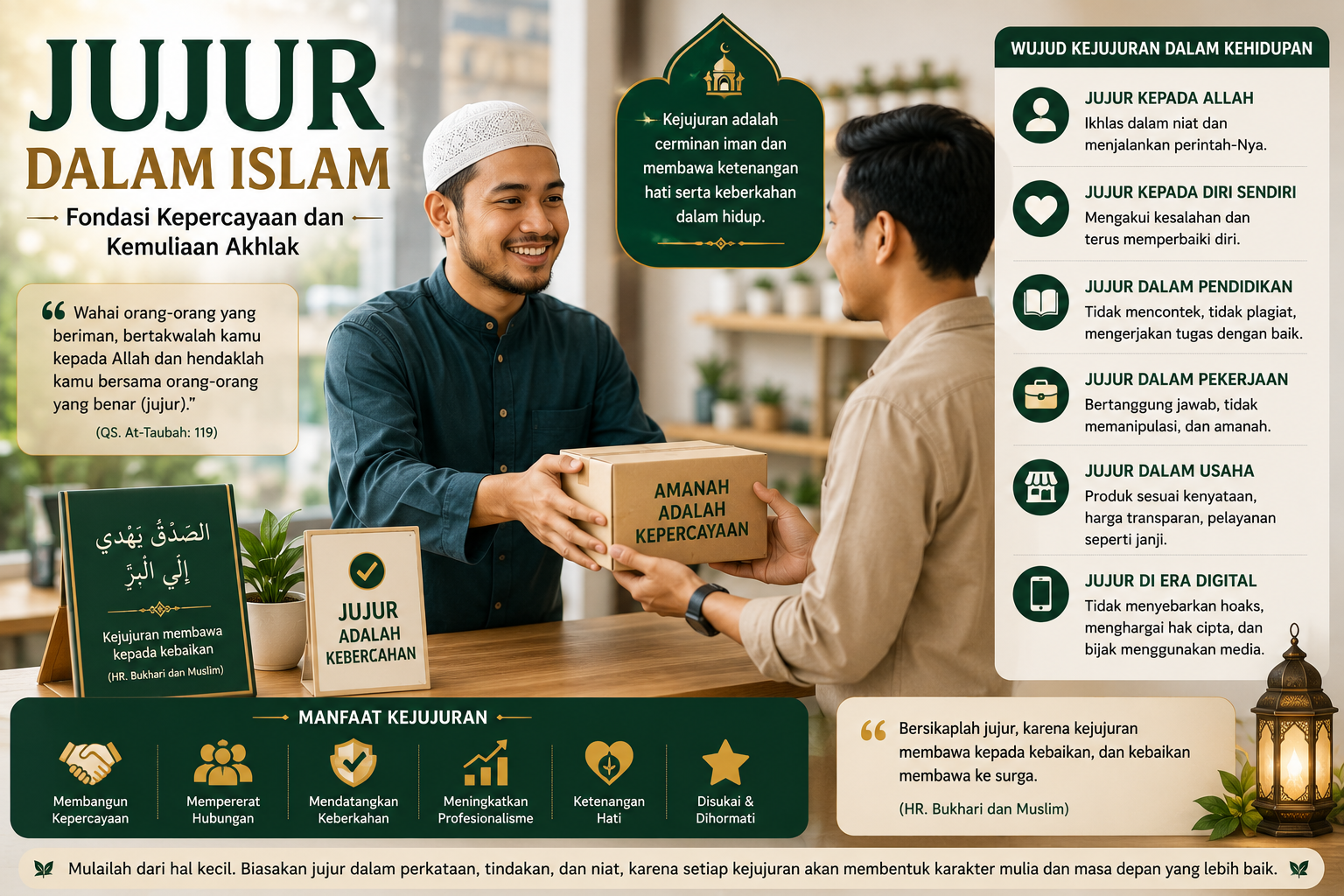 Ilustrasi seorang Muslim menyerahkan amanah dengan penuh kejujuran kepada orang lain sebagai simbol integritas, tanggung jawab, dan akhlak mulia dalam Islam.