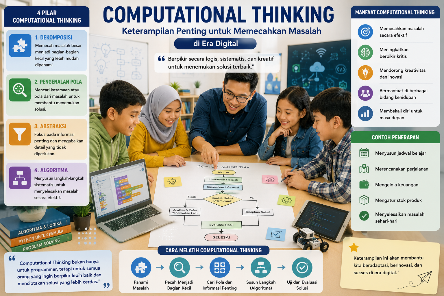 Ilustrasi guru dan peserta didik memecahkan masalah menggunakan diagram alur, puzzle, laptop, dan blok algoritma sebagai representasi Computational Thinking.