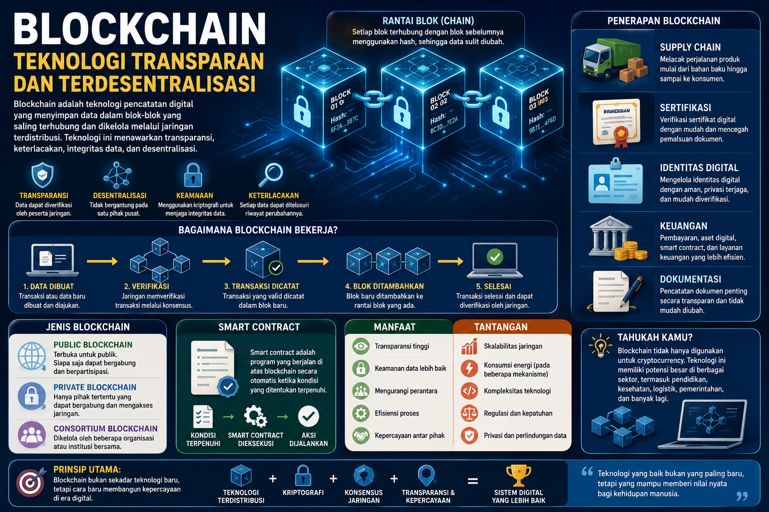 Ilustrasi teknologi blockchain yang menampilkan jaringan blok digital, node terdistribusi, smart contract, identitas digital, supply chain, dan sertifikasi.