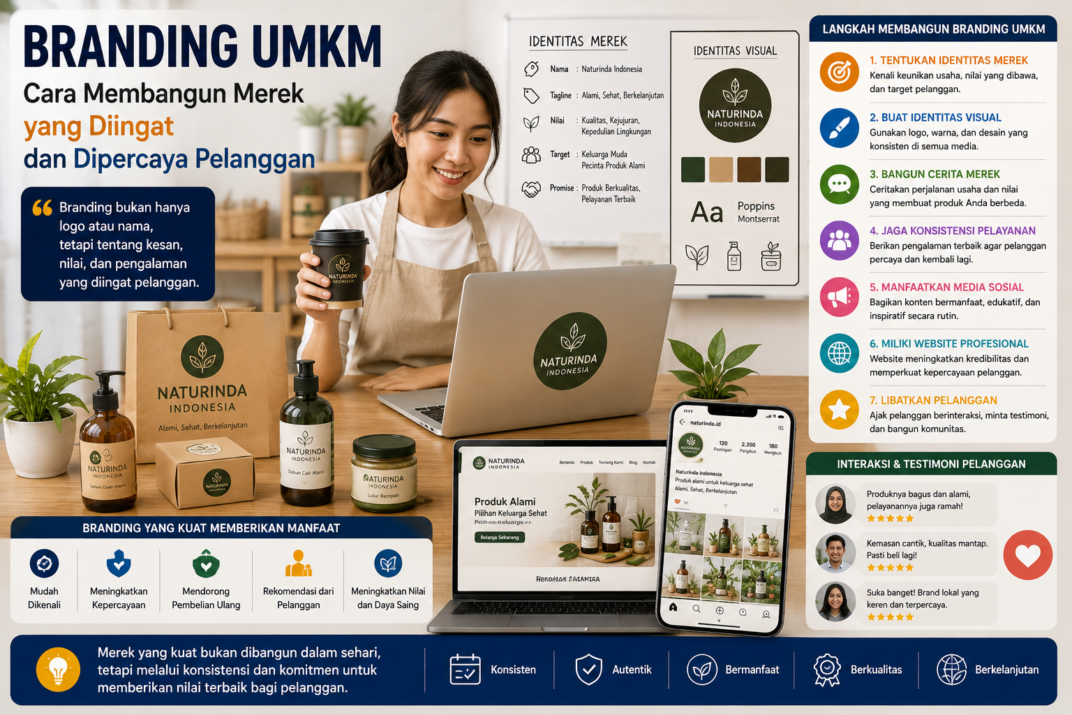 Ilustrasi pelaku UMKM membangun identitas merek melalui logo, kemasan produk, website, media sosial, dan interaksi positif dengan pelanggan.