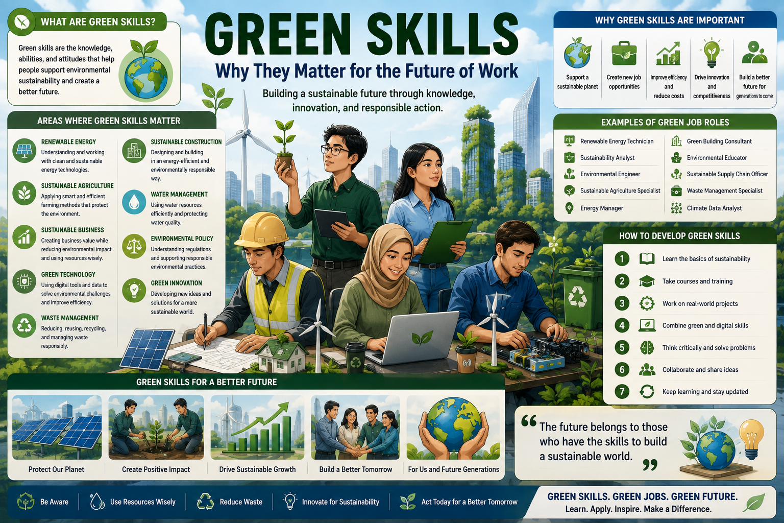 Illustration of students and professionals developing green skills through renewable energy, sustainable business, digital technology, recycling, agriculture, and environmental innovation.