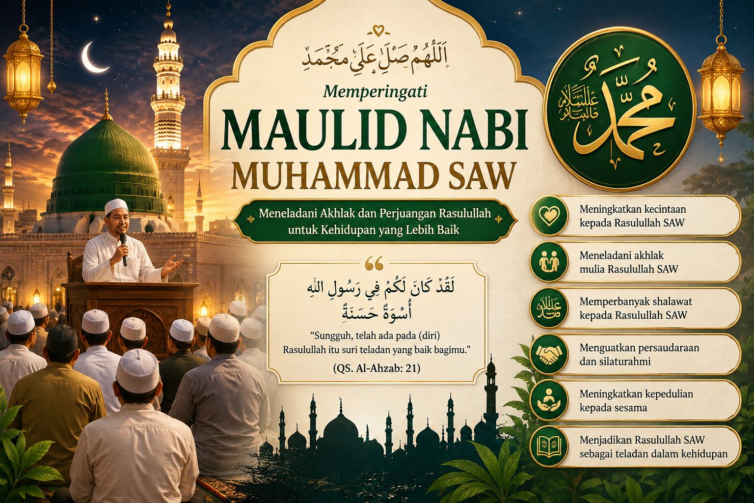 Ilustrasi peringatan Maulid Nabi Muhammad SAW dengan suasana pengajian Islami, lantunan shalawat, dan pesan keteladanan Rasulullah.