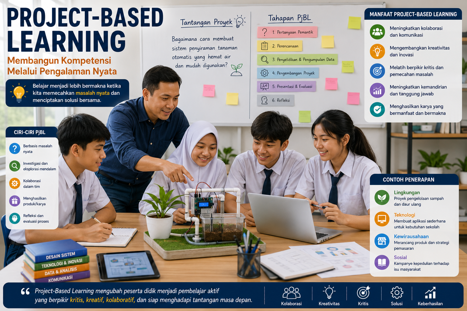 Ilustrasi guru membimbing peserta didik mengerjakan proyek kolaboratif menggunakan laptop, papan presentasi, dan bahan eksperimen sebagai penerapan Project-Based Learning.