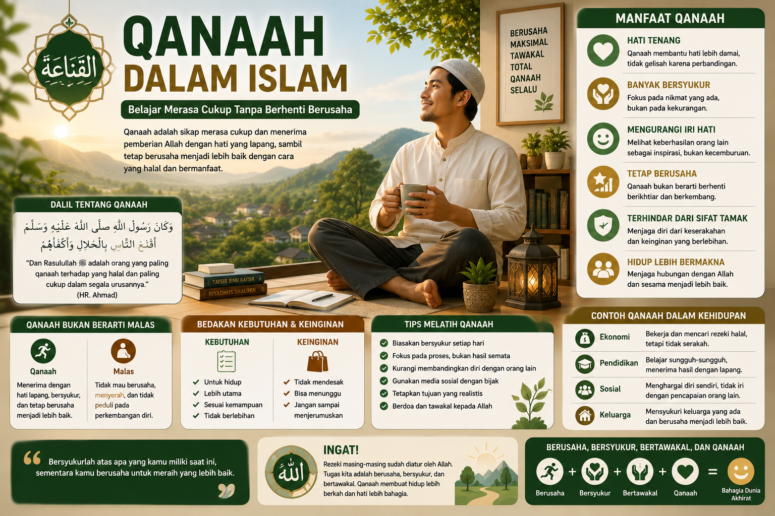 Ilustrasi seorang Muslim bersyukur dan merasa cukup dengan kehidupannya sebagai simbol qanaah dalam Islam, ketenangan hati, dan tetap berusaha meraih kehidupan yang lebih baik.