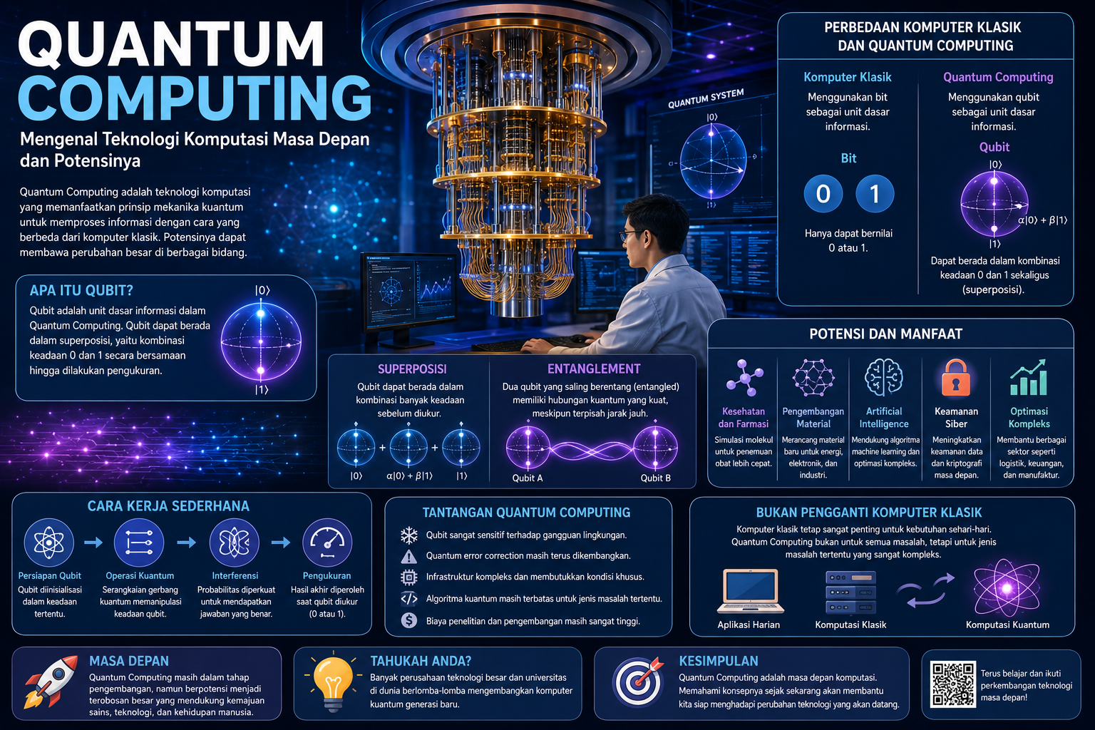 Ilustrasi Quantum Computing yang menampilkan komputer kuantum, qubit, jaringan data, partikel kuantum, Kecerdasan Artifisial, dan teknologi komputasi masa depan.