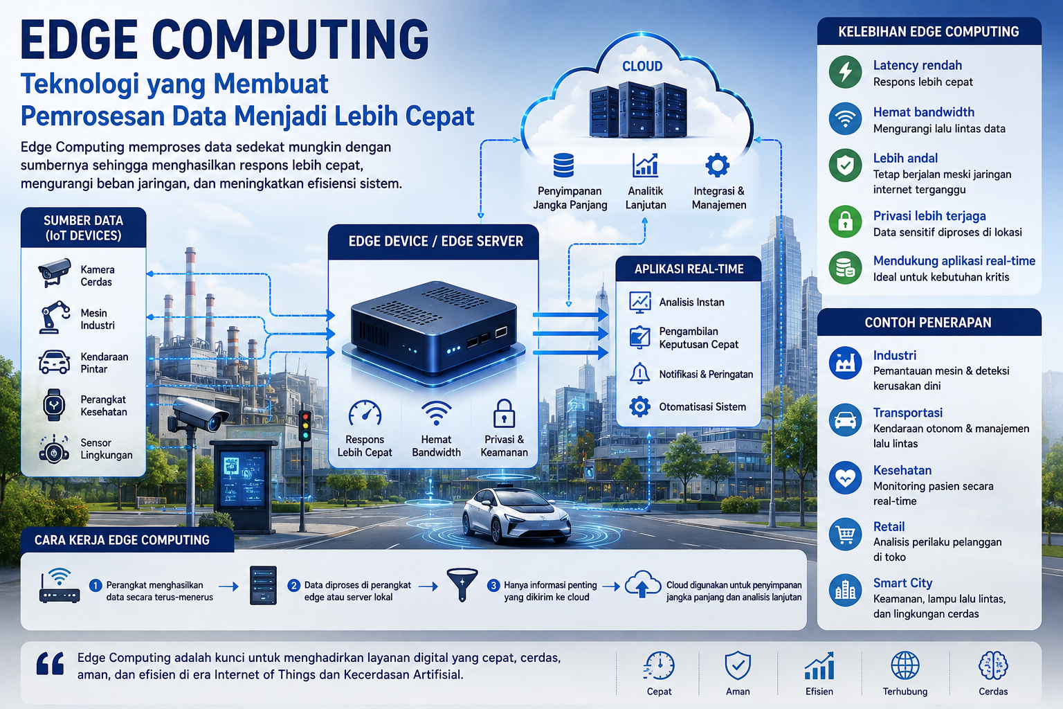 Ilustrasi jaringan Edge Computing yang memperlihatkan sensor IoT, server edge, cloud, kendaraan pintar, dan pabrik saling terhubung untuk memproses data secara real-time.