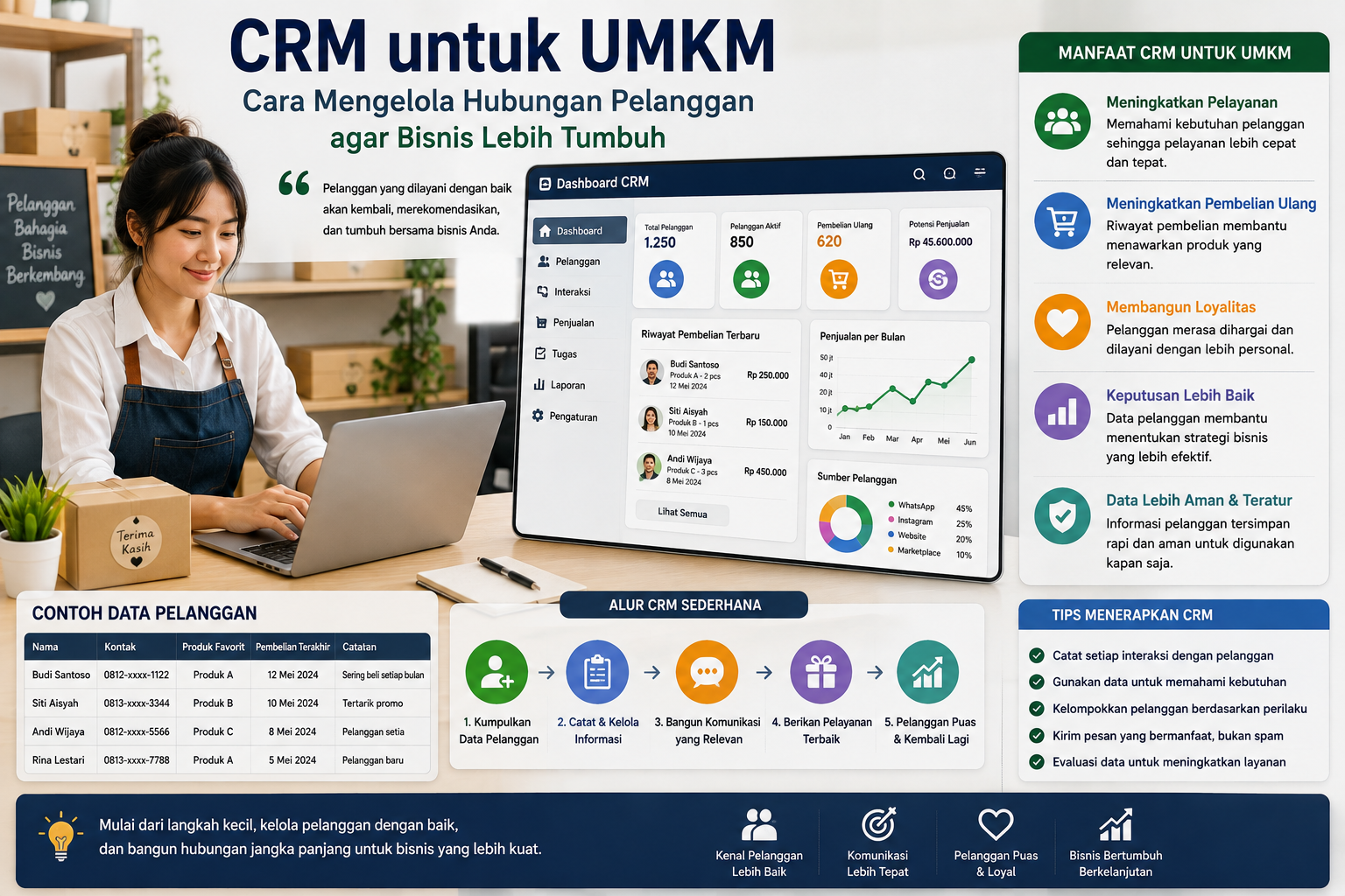 Ilustrasi pelaku UMKM mengelola data dan hubungan pelanggan menggunakan CRM melalui laptop dan smartphone dengan dashboard pelanggan.