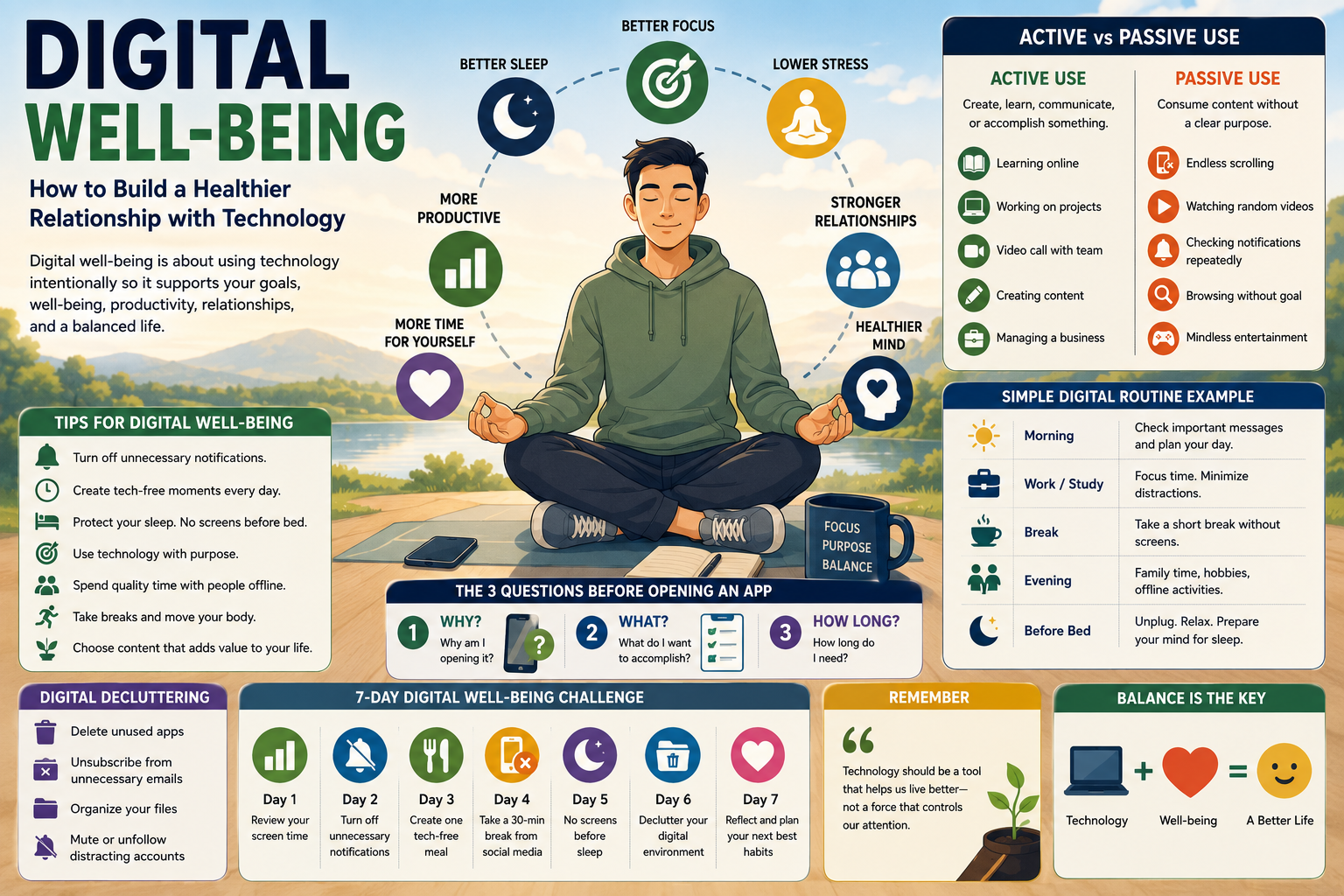 Illustration of digital well-being showing a person balancing smartphone, laptop, work, learning, sleep, exercise, family time, and offline activities.