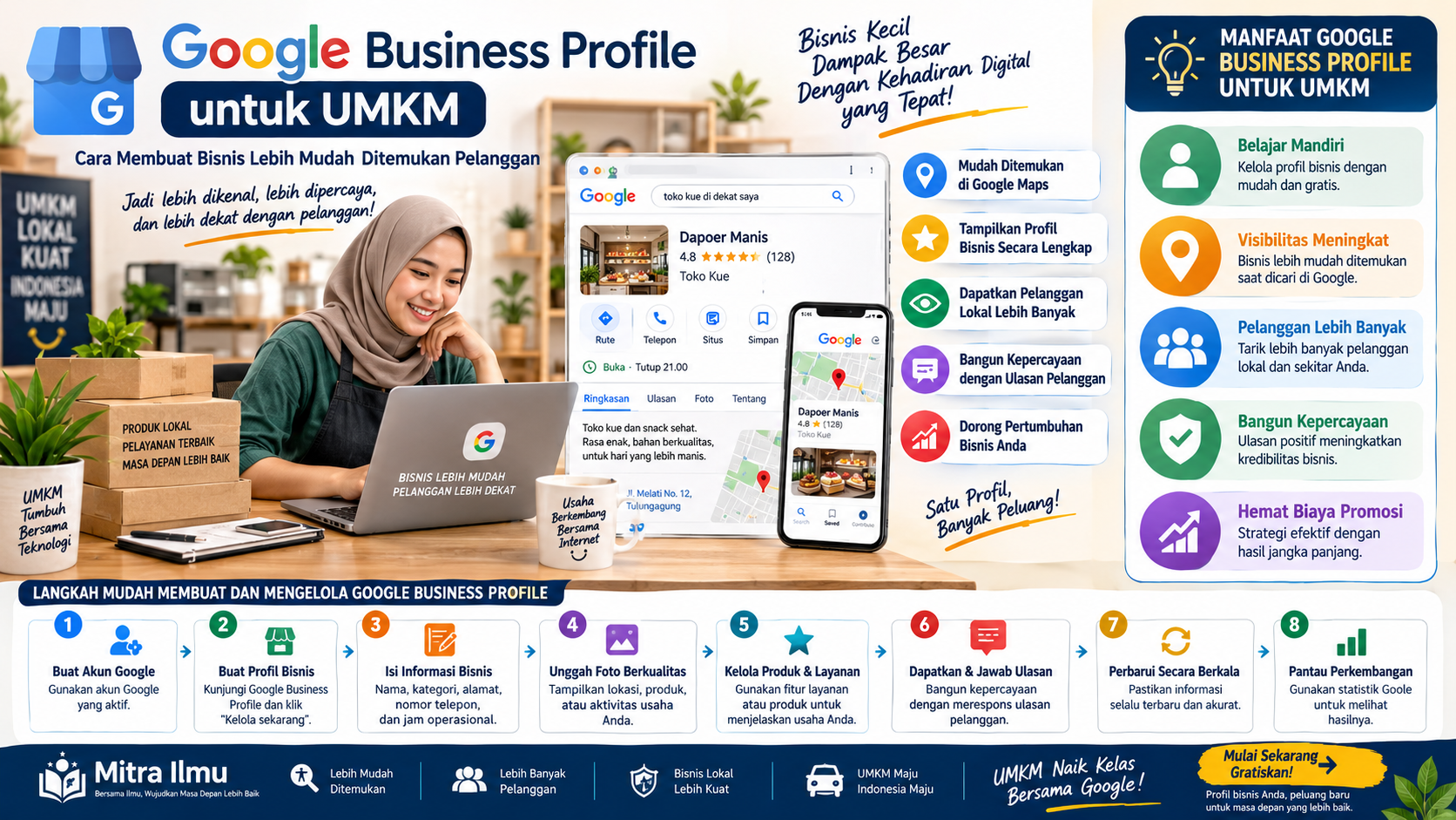 Ilustrasi pelaku UMKM mengoptimalkan Google Business Profile dengan tampilan Google Maps, lokasi bisnis, foto produk, review pelanggan, dan informasi usaha.