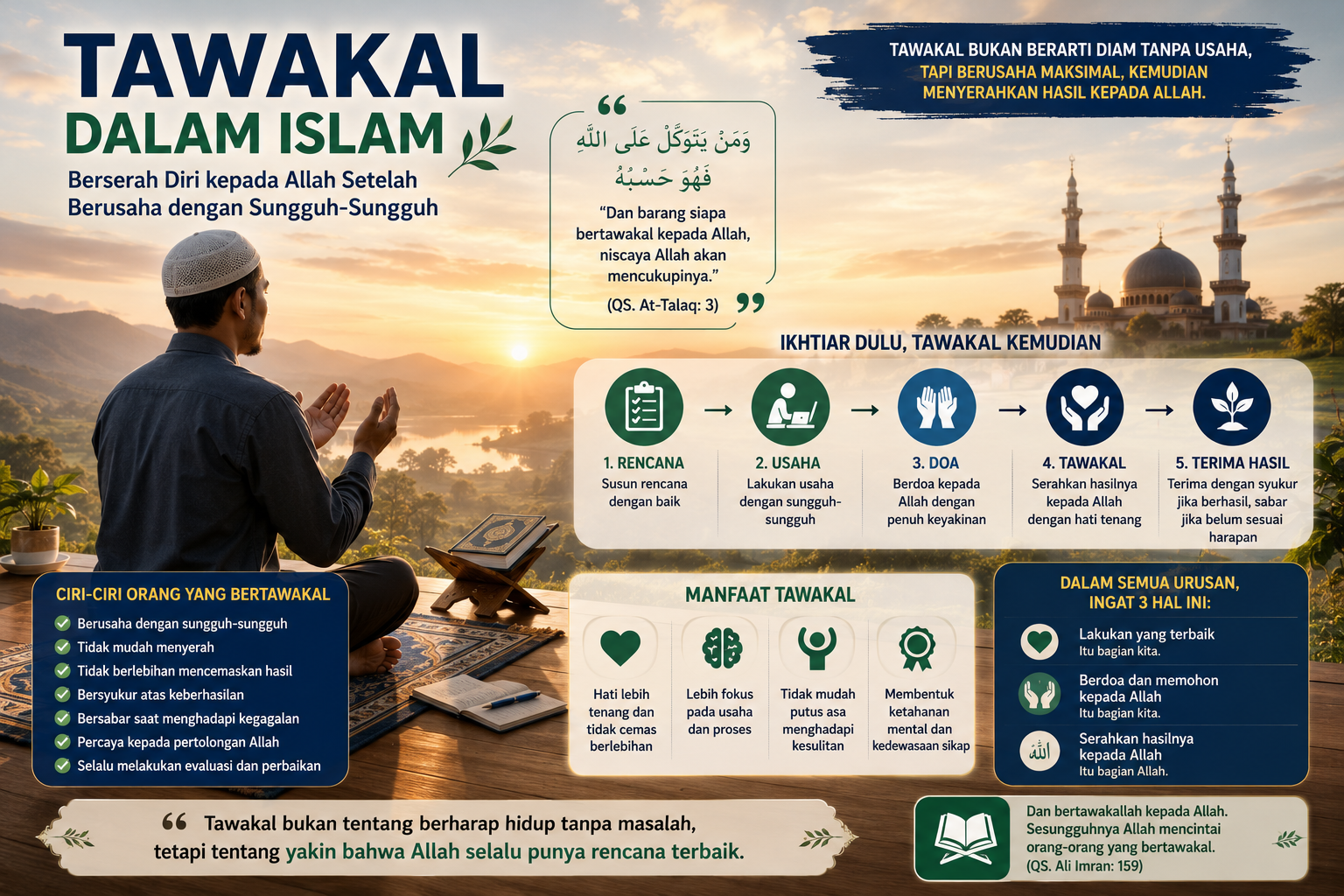 Ilustrasi seorang Muslim berdoa setelah melakukan usaha sebagai simbol tawakal, ikhtiar, ketenangan hati, dan kepercayaan kepada Allah.