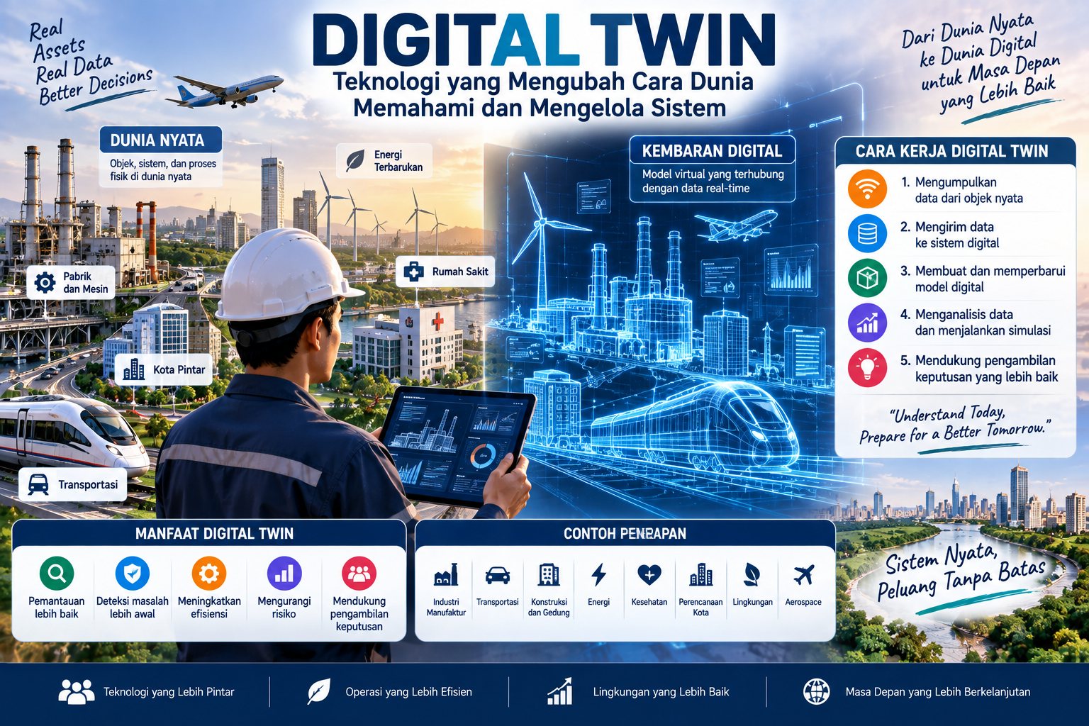 Ilustrasi teknologi digital twin yang menghubungkan objek nyata dengan model digital