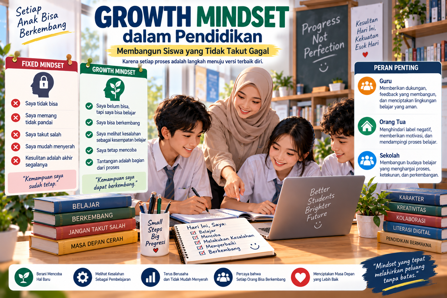 Ilustrasi growth mindset dalam pendidikan untuk membantu siswa menghadapi tantangan dan kegagalan