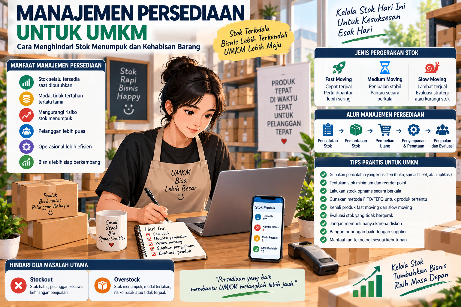 Ilustrasi manajemen persediaan UMKM yang menunjukkan pemilik usaha memantau stok barang, pencatatan inventori digital, gudang, produk fast moving, reorder point, dan stock opname.